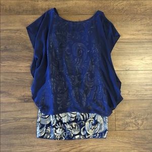Laundry by Shelli Segal NWT Size 6 Navy Blue Sequins Chiffon Layer Knee Length
